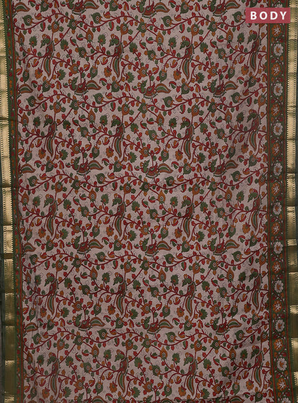 Maheshwari cotton saree beige and sap green with allover kalamkari prints and zari woven border