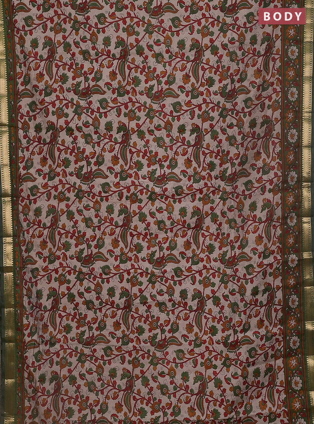 Maheshwari cotton saree beige and sap green with allover kalamkari prints and zari woven border