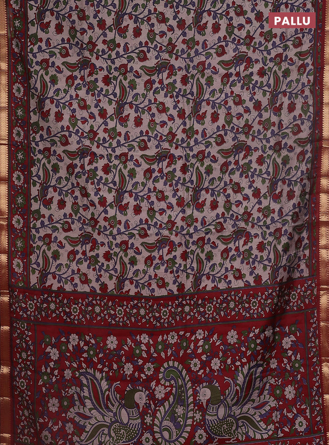 Maheshwari cotton saree grey shade and maroon with allover kalamkari prints and zari woven border