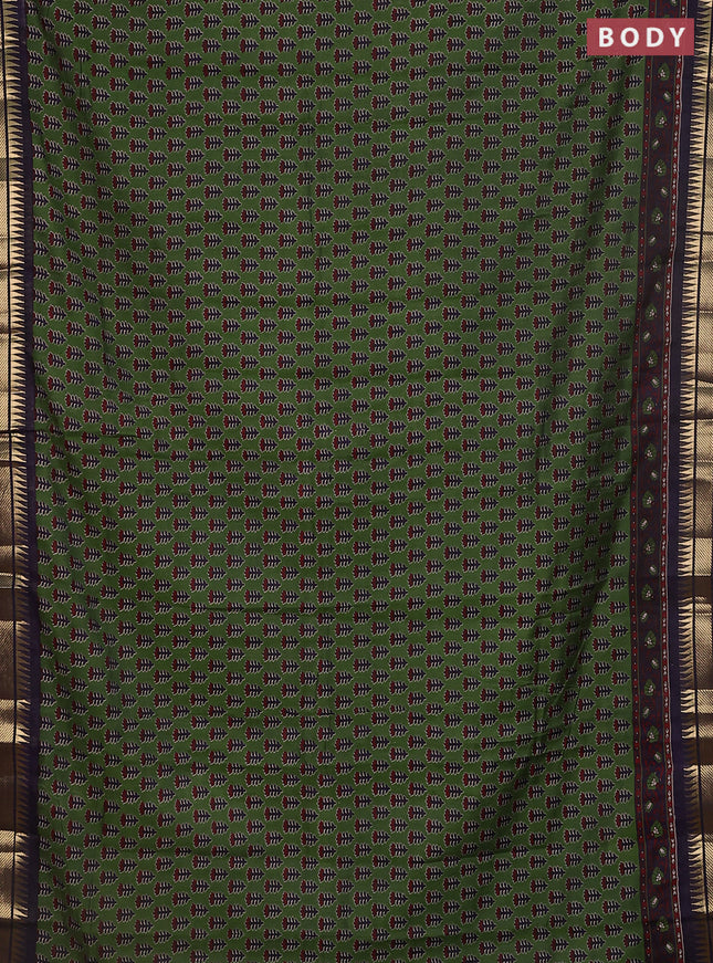 Maheshwari cotton saree sap green and navy blue with allover butta prints and zari woven border