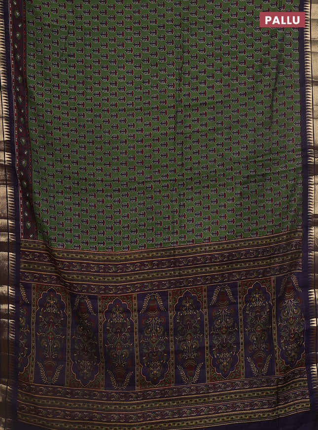 Maheshwari cotton saree sap green and navy blue with allover butta prints and zari woven border