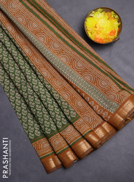 Maheshwari cotton saree sap green and dark mustard with allover flower prints and zari woven border