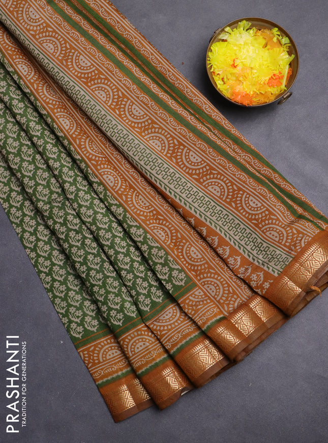 Maheshwari cotton saree sap green and dark mustard with allover flower prints and zari woven border
