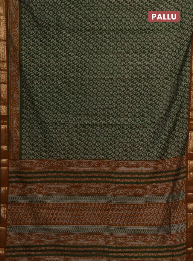 Maheshwari cotton saree sap green and dark mustard with allover flower prints and zari woven border