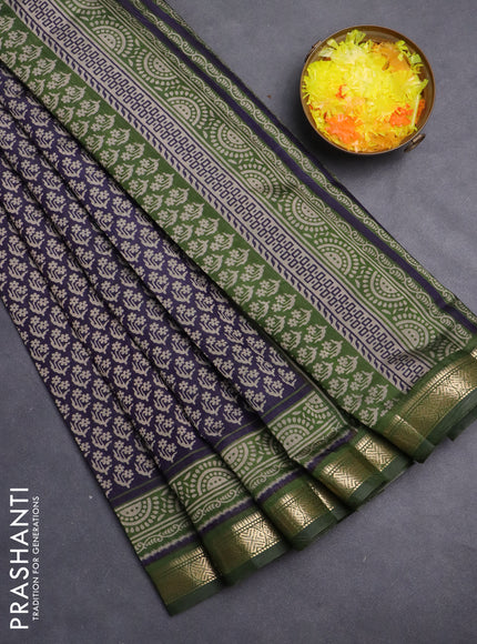 Maheshwari cotton saree navy blue and sap green with allover flower prints and zari woven border