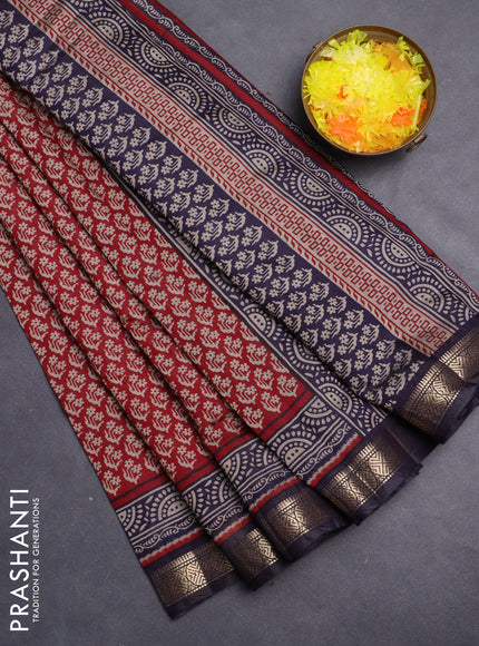 Maheshwari cotton saree maroon and black with allover flower prints and zari woven border