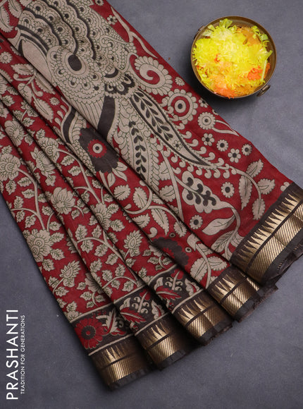 Maheshwari cotton saree maroon and black with allover kalamkari prints and zari woven border