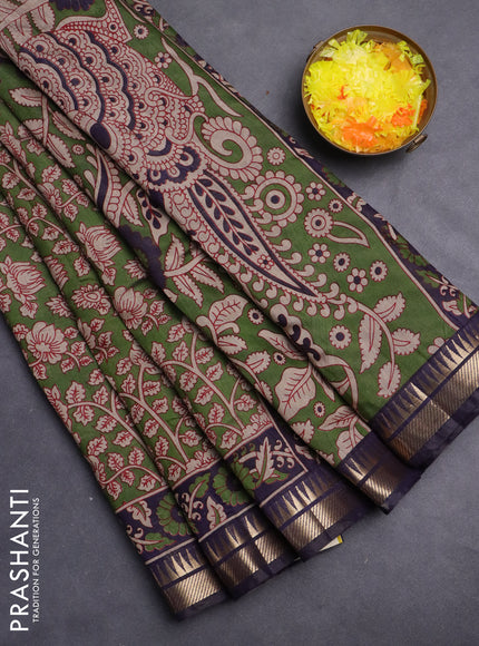 Maheshwari cotton saree sap green and navy blue with allover kalamkari prints and zari woven border