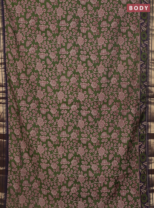 Maheshwari cotton saree sap green and navy blue with allover kalamkari prints and zari woven border