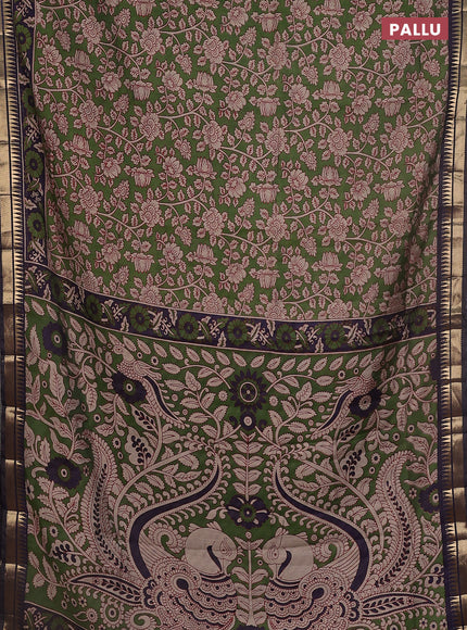 Maheshwari cotton saree sap green and navy blue with allover kalamkari prints and zari woven border