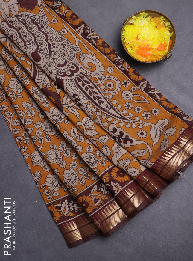 Maheshwari cotton saree mustard yellow and coffee brown with allover kalamkari prints and zari woven border