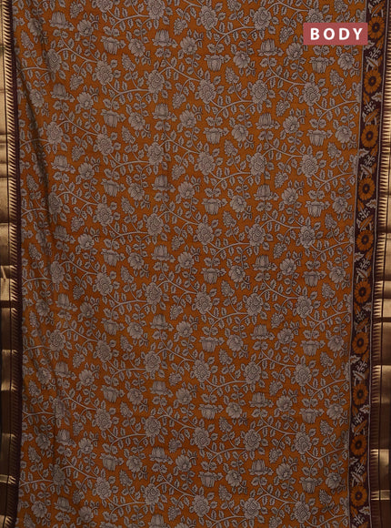 Maheshwari cotton saree mustard yellow and coffee brown with allover kalamkari prints and zari woven border