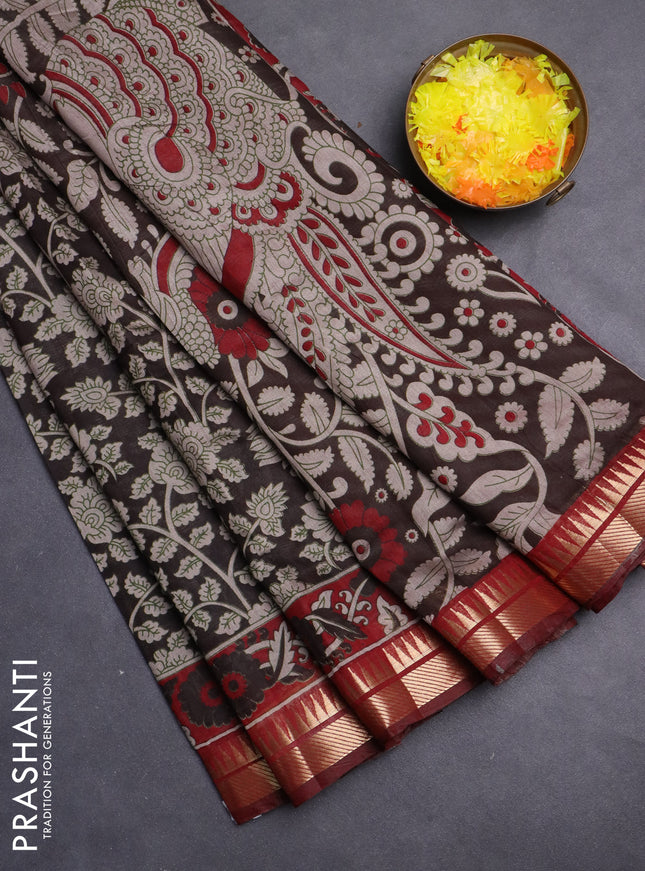Maheshwari cotton saree coffee brown and maroon with allover kalamkari prints and zari woven border