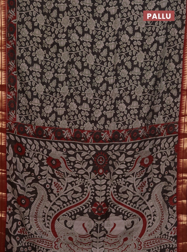 Maheshwari cotton saree coffee brown and maroon with allover kalamkari prints and zari woven border