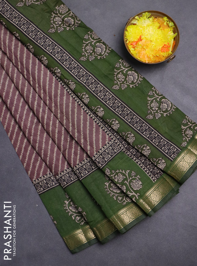 Maheshwari cotton saree brown shade and green with allover stripes pattern and zari woven border