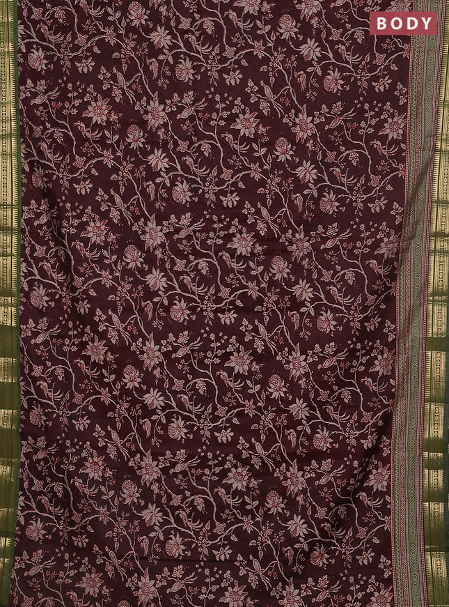 Maheshwari cotton saree deep maroon and green with kalamkari prints and zari woven border