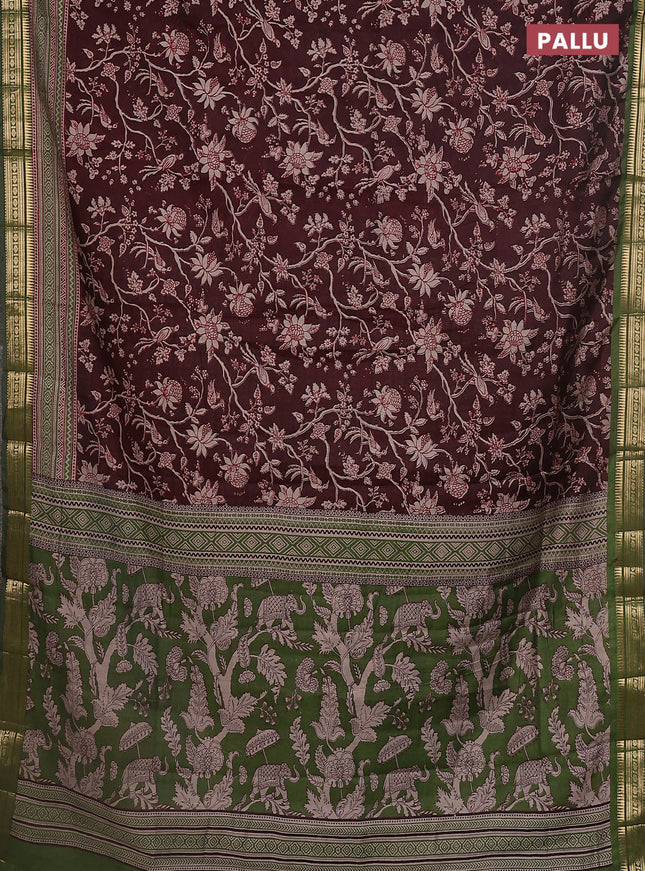 Maheshwari cotton saree deep maroon and green with kalamkari prints and zari woven border