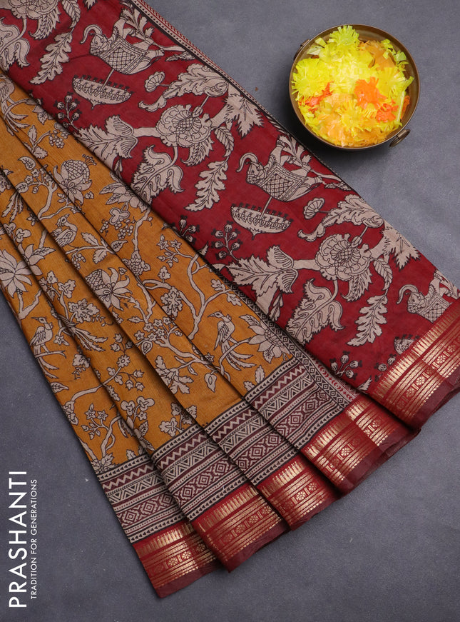 Maheshwari cotton saree mustard yellow and maroon with kalamkari prints and zari woven border