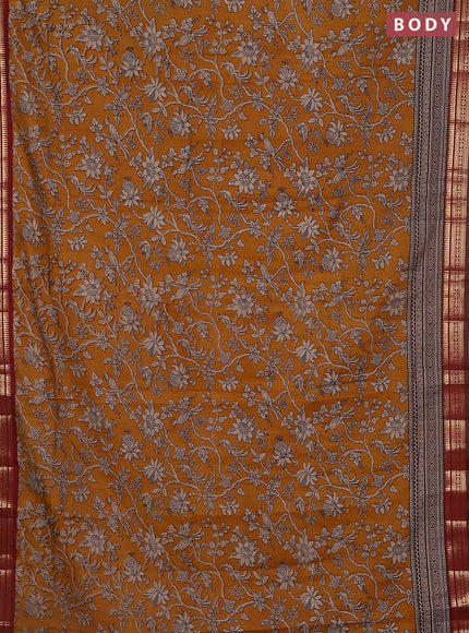 Maheshwari cotton saree mustard yellow and maroon with kalamkari prints and zari woven border