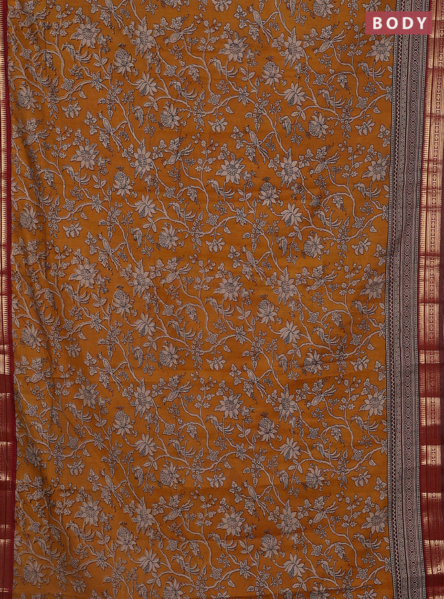 Maheshwari cotton saree mustard yellow and maroon with kalamkari prints and zari woven border