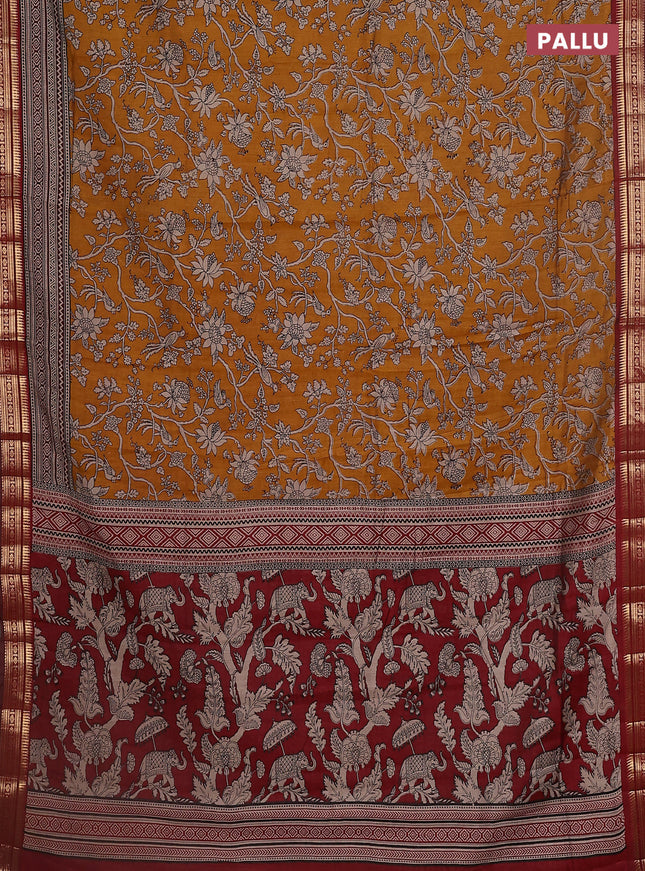 Maheshwari cotton saree mustard yellow and maroon with kalamkari prints and zari woven border