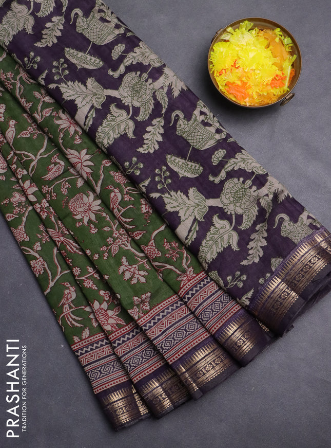 Maheshwari cotton saree sap green and violet with kalamkari prints and zari woven border
