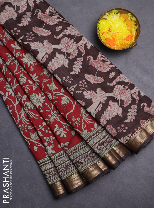 Maheshwari cotton saree maroon and black with kalamkari prints and zari woven border