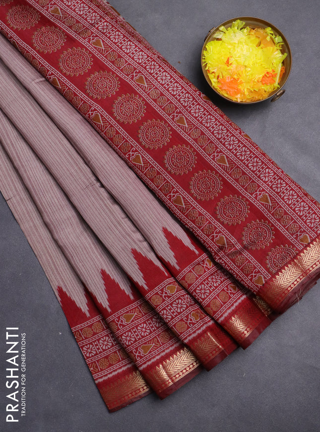 Maheshwari cotton saree grey shade and maroon with allover stripes pattern and zari woven border