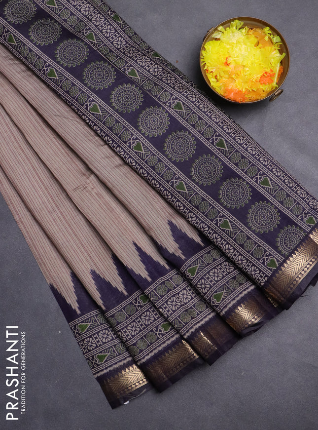 Maheshwari cotton saree grey shade and navy blue with allover stripes pattern and zari woven border