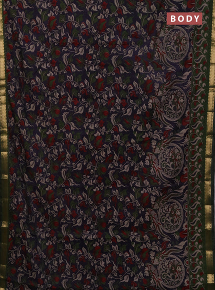 Maheshwari cotton saree navy blue and sap green with allover kalamkari prints and zari woven border