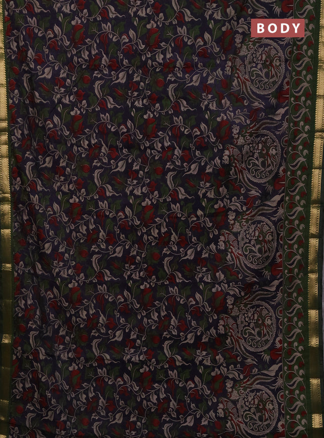 Maheshwari cotton saree navy blue and sap green with allover kalamkari prints and zari woven border