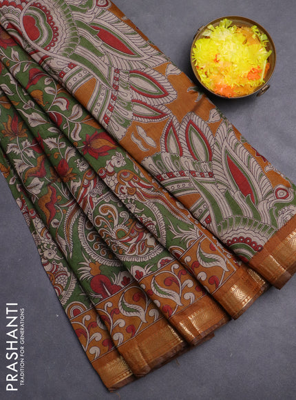 Maheshwari cotton saree sap green and mustard yellow with allover kalamkari prints and zari woven border