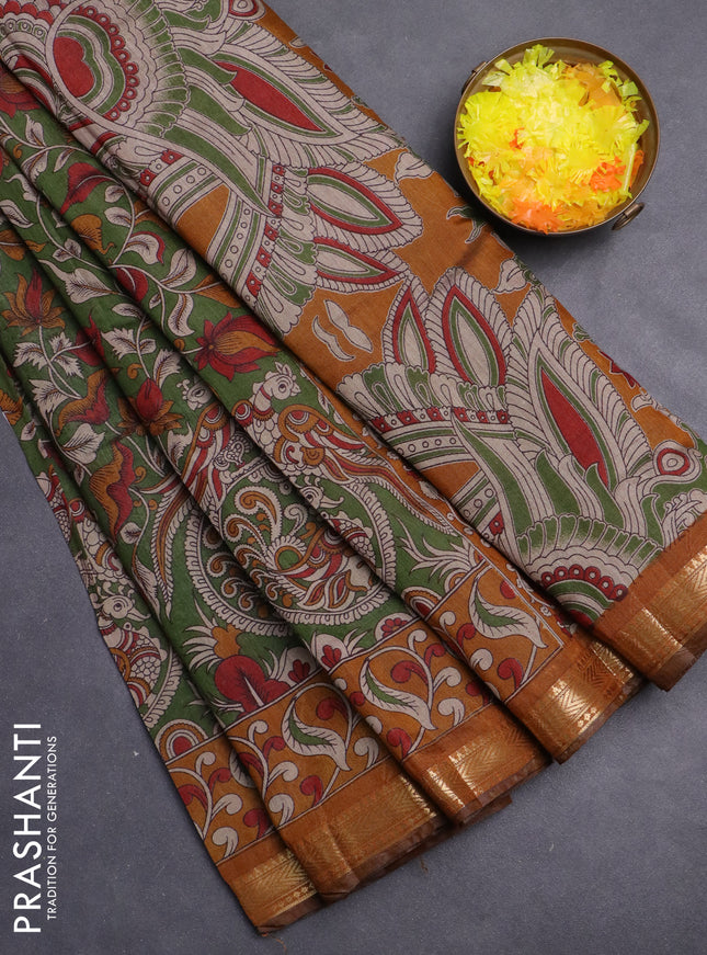 Maheshwari cotton saree sap green and mustard yellow with allover kalamkari prints and zari woven border
