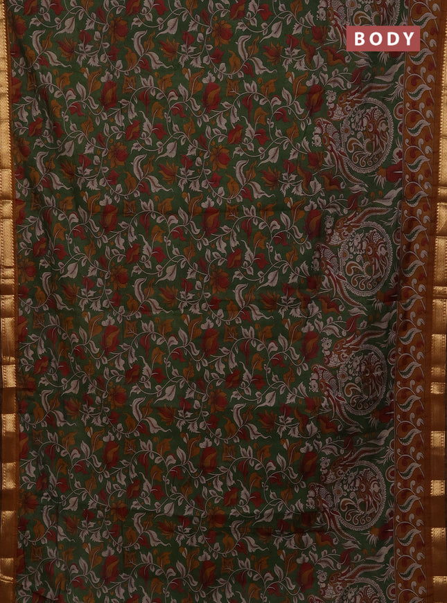 Maheshwari cotton saree sap green and mustard yellow with allover kalamkari prints and zari woven border