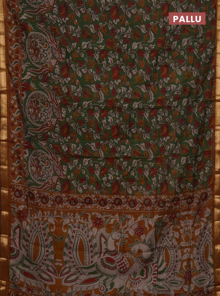 Maheshwari cotton saree sap green and mustard yellow with allover kalamkari prints and zari woven border