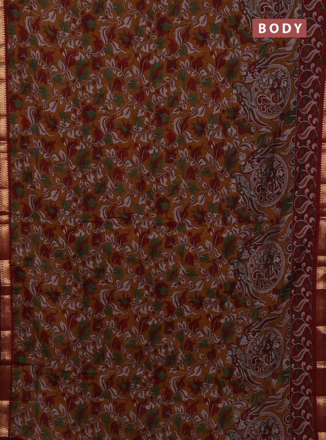Maheshwari cotton saree mustard yellow and maroon with allover kalamkari prints and zari woven border
