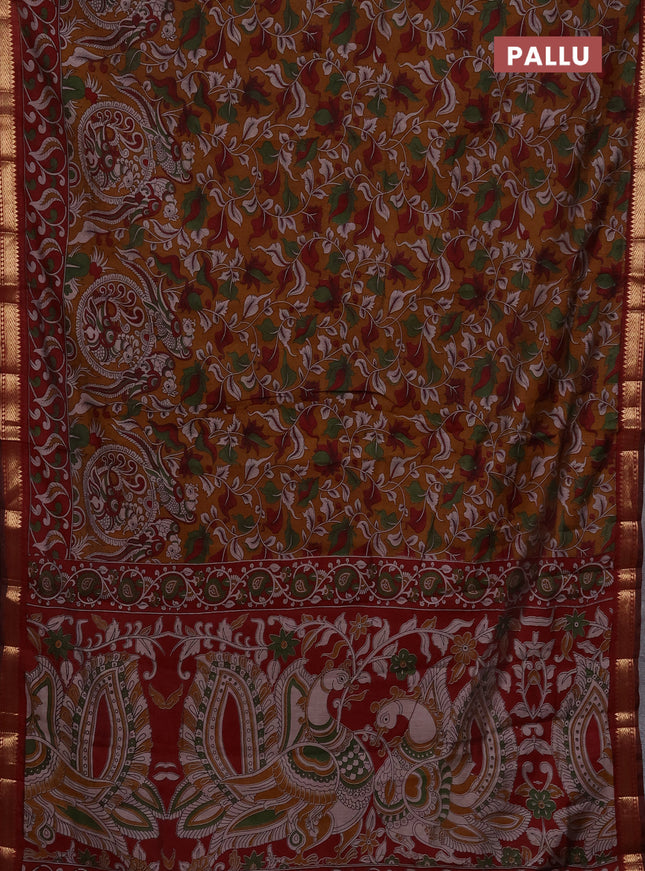 Maheshwari cotton saree mustard yellow and maroon with allover kalamkari prints and zari woven border