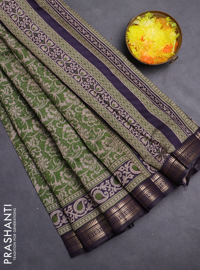 Maheshwari cotton saree sap green and navy blue with allover flower prints and zari woven border