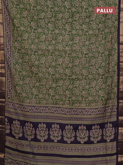 Maheshwari cotton saree sap green and navy blue with allover flower prints and zari woven border