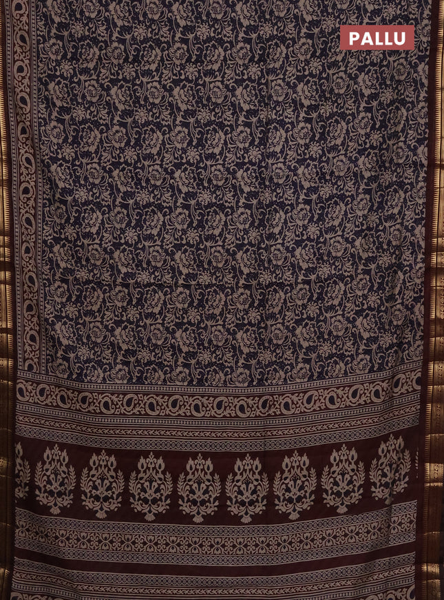 Maheshwari cotton saree navy blue and coffee brown with allover flower prints and zari woven border