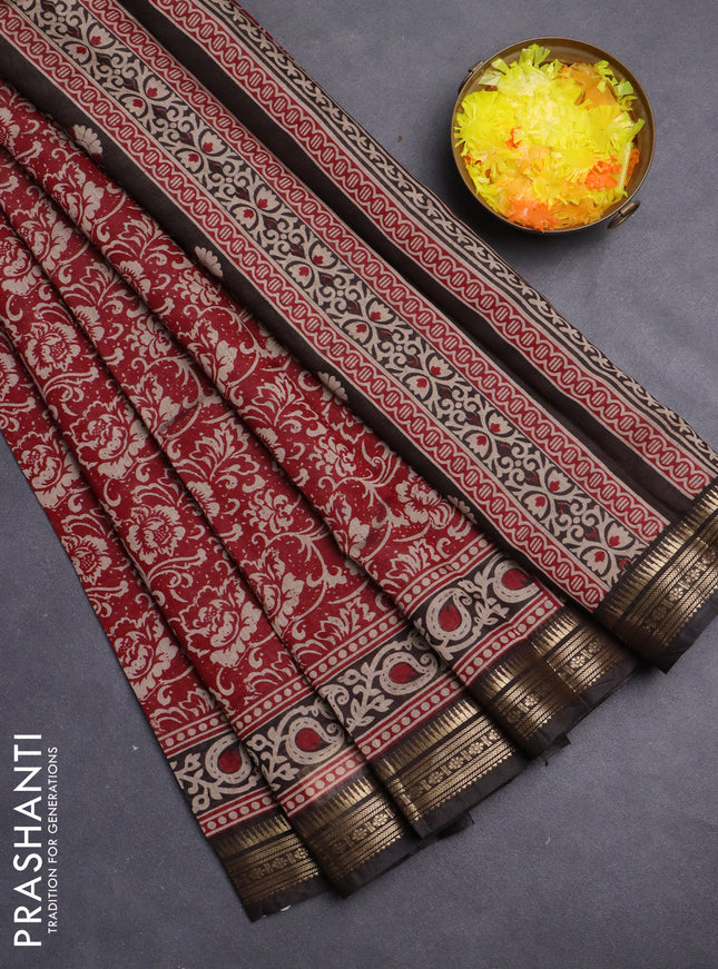 Maheshwari cotton saree maroon and black with allover flower prints and zari woven border