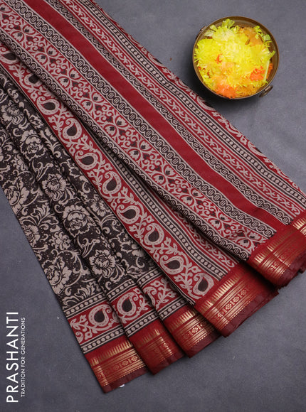 Maheshwari cotton saree deep coffee brown and maroon with allover flower prints and zari woven border
