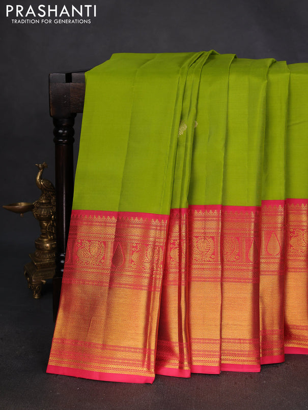 Pure kanchipuram silk saree light green and peach pink with zari woven buttas and long zari woven korvai border