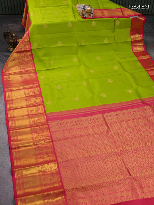 Pure kanchipuram silk saree light green and peach pink with zari woven buttas and long zari woven korvai border