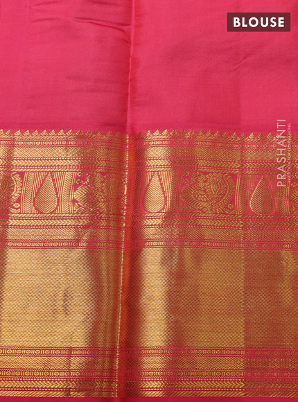 Pure kanchipuram silk saree light green and peach pink with zari woven buttas and long zari woven korvai border