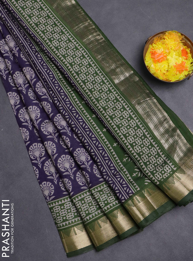 Maheshwari cotton saree navy blue and sap green with allover flower prints and zari woven border