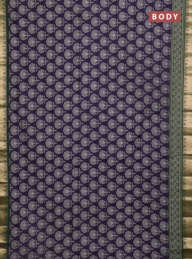 Maheshwari cotton saree navy blue and sap green with allover flower prints and zari woven border