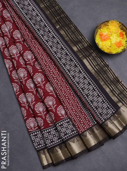 Maheshwari cotton saree maroon and black with allover flower prints and zari woven border