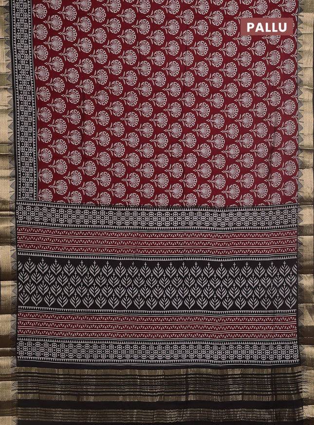 Maheshwari cotton saree maroon and black with allover flower prints and zari woven border