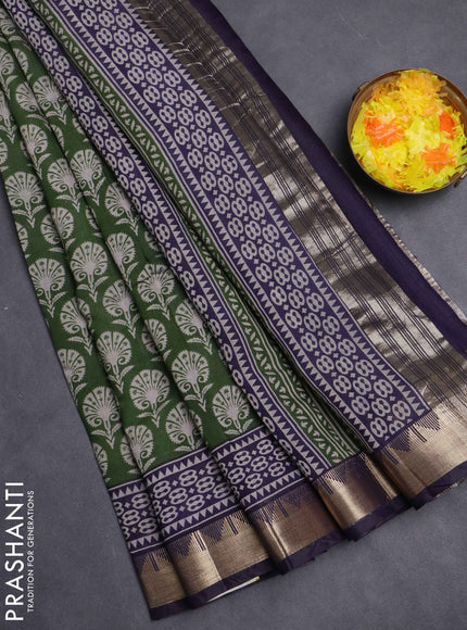 Maheshwari cotton saree sap green and navy blue with allover flower prints and zari woven border